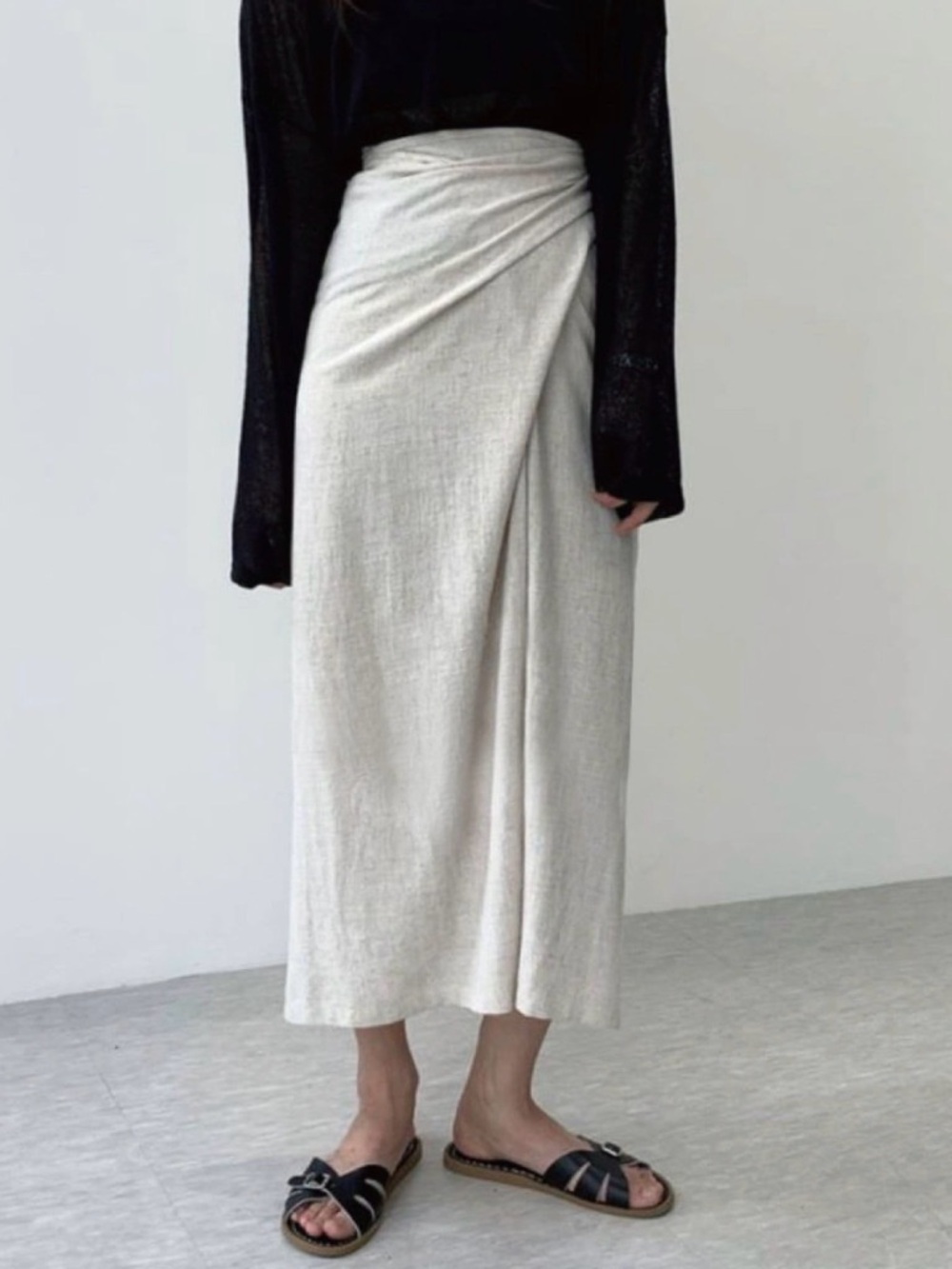 Ivory Linen Wrap Midi Skirt - Free Size